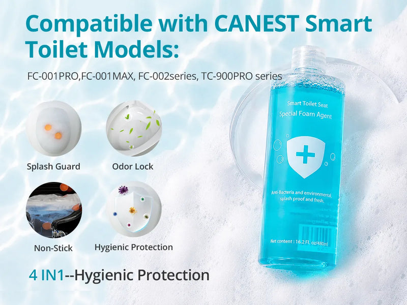A bottle of smart toilet soap special foam agent shown on a light blue and white water-textured background with text stating compatibility with CANEST Smart Toilet Models and feature callouts for splash guard, odor lock, non-stick, and hygienic protection.