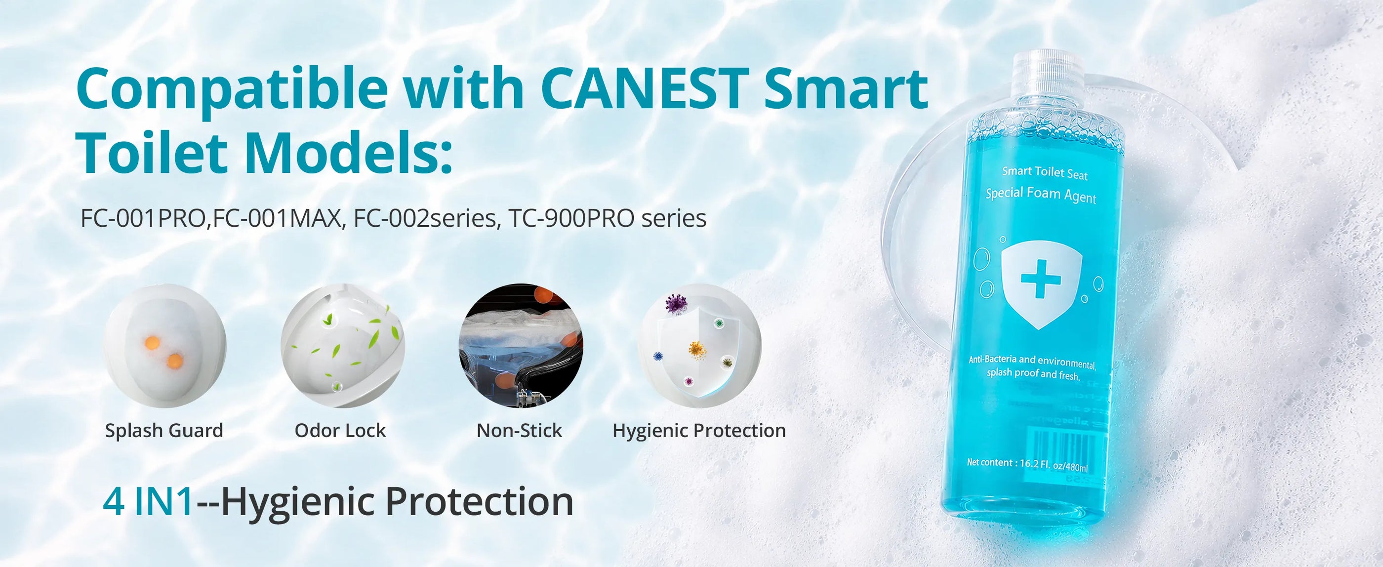 A bottle of smart toilet cleaner shown on a white bubbly background with text stating it is compatible with CANEST Smart Toilet Models, including various series and features like Splash Guard, Odor Lock, Non-Stick, and Hygienic Protection.